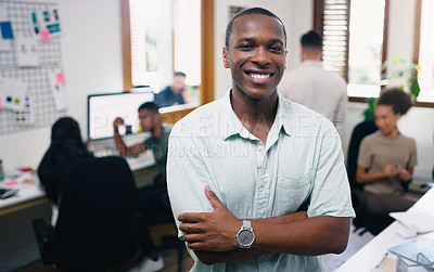 Buy stock photo Black man, happy and portrait of designer with arms crossed in office workplace for business. Face, confidence and graphic design, African male person and entrepreneur, professional and leadership.