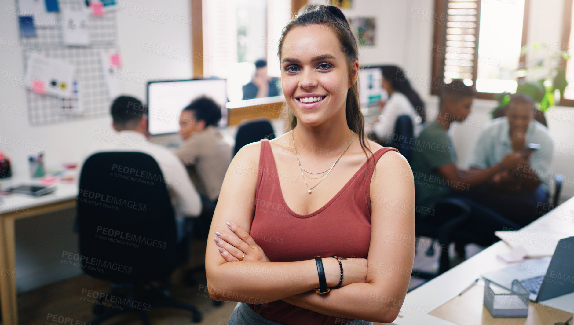 Buy stock photo Happy, woman and portrait of designer with arms crossed in office workplace for business. Face, confidence and graphic design, female person and creative entrepreneur, professional and leadership.