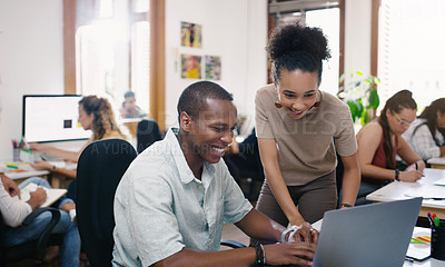 Buy stock photo Collaboration, laptop and mentor with business people in an office for training, coaching or assistance. Teamwork, computer and a woman supervisor talking to a man colleague during a work project