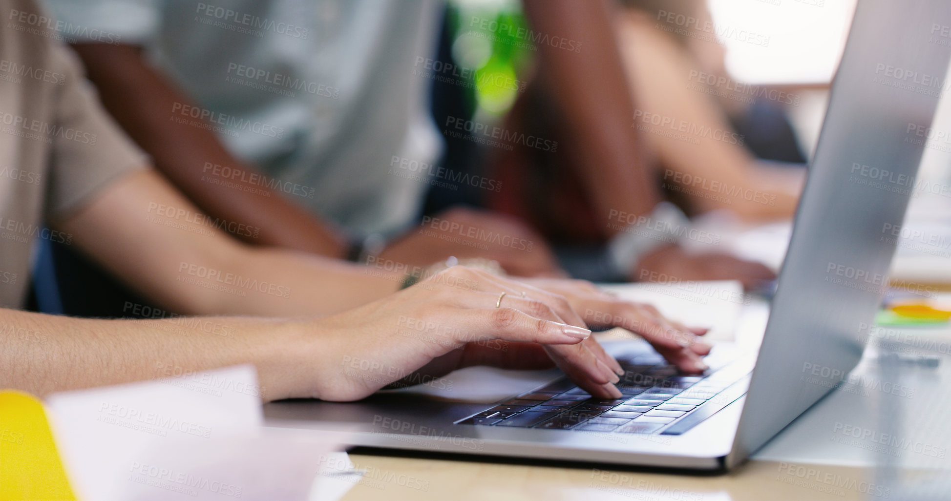 Buy stock photo Laptop, hands and closeup of woman typing while working on a corporate project in the office. Technology, professional and female employee doing research on a computer with a keyboard in workplace.