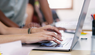 Buy stock photo Laptop, keyboard and woman hands typing while working on a corporate project in the office. Technology, professional and closeup of female web designer doing research on a computer in the workplace.