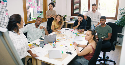 Buy stock photo Planning, presentation and business people brainstorming in office boardroom while doing research. Collaboration, teamwork and group of corporate employees working on project in meeting in workplace.