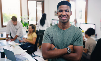 Buy stock photo Black man, smile and portrait of designer with arms crossed in office workplace for business. Face, confidence and graphic design, African male person and entrepreneur, professional and creative.