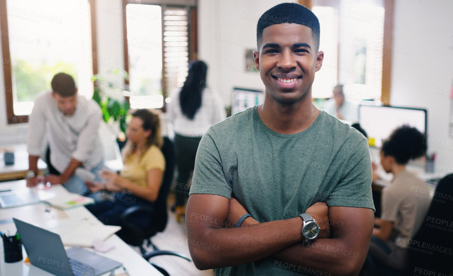 Buy stock photo Black man, smile and portrait of designer with arms crossed in office workplace for business. Face, confidence and graphic design, African male person and entrepreneur, professional and creative.