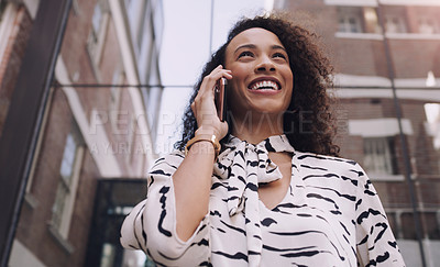 Buy stock photo Woman, city and smile with smartphone, call and vision for communication on urban background. African entrepreneur, conversation and technology for business, working and downtown corporate startup