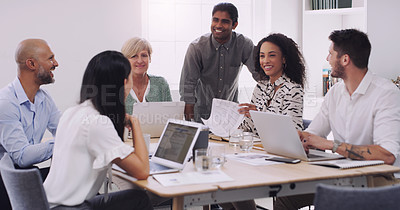 Buy stock photo Business people, staff and team in a meeting, collaboration and planning for a project. Coworkers, group and professional with brainstorming, laptop and documents for profit growth and development