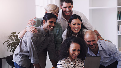 Buy stock photo Business people, video call and smile with tablet for virtual communication, digital conversation and connection. Diversity, staff and happy with tech for online corporate talk, app or streaming    