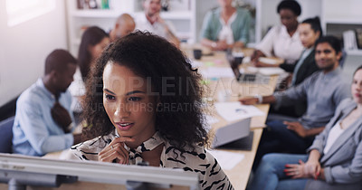 Buy stock photo Meeting, thinking and training with business people in boardroom of office for workshop together. Company, project management or whiteboard presentation with woman employee in workplace for strategy