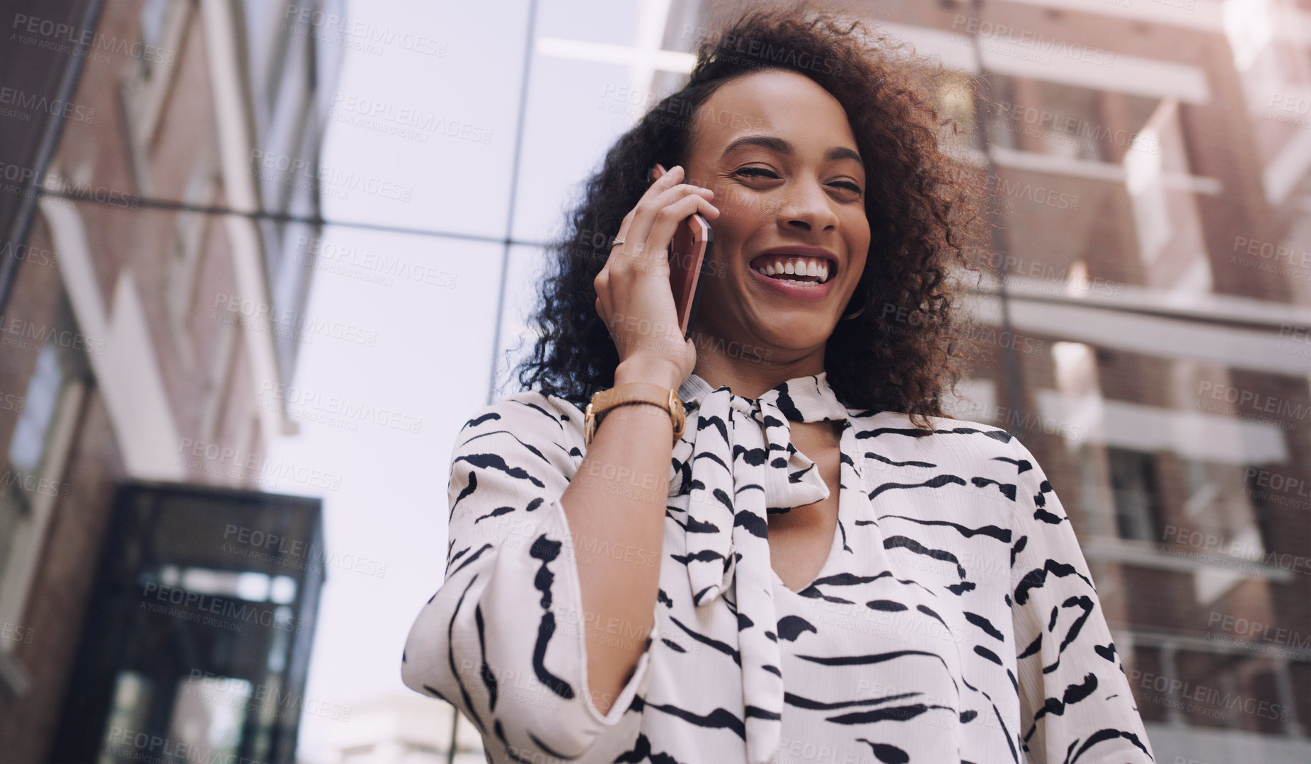 Buy stock photo Smile, talking and woman in city with phone call for networking, negotiation or agenda for office building. Business, discussion and happy realtor on sidewalk with smartphone, chat and communication.