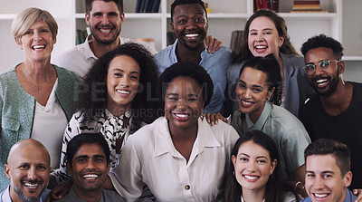 Buy stock photo Portrait of a group of happy businesspeople working together in a modern office