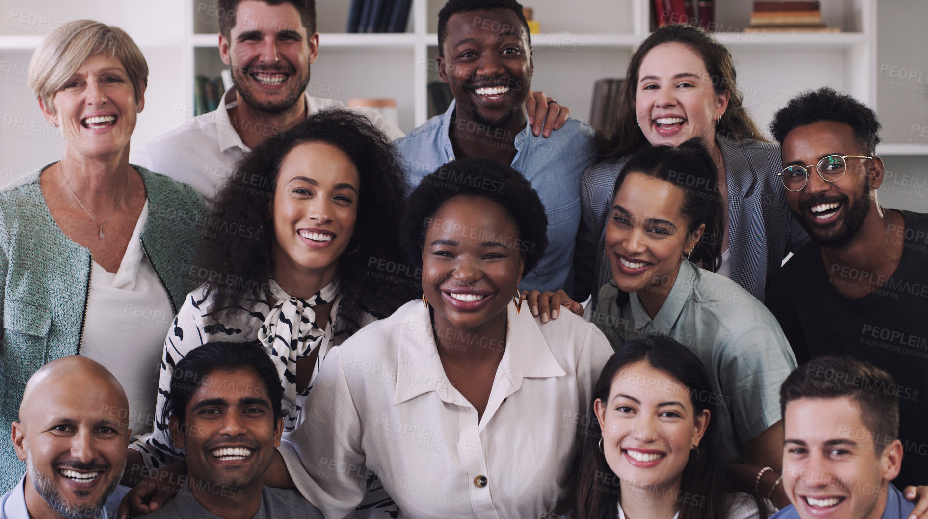 Buy stock photo Portrait of a group of happy businesspeople working together in a modern office