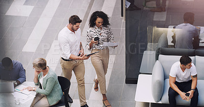 Buy stock photo Teamwork, technology and walking in workplace for project, brainstorming and company consultant. High angle, meeting and collaboration in office for global startup, research and business partners 