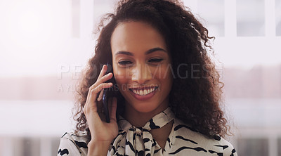 Buy stock photo Face, talking and woman in city with phone call for networking, negotiation or agenda for office building. Business, discussion and urban realtor on sidewalk with smartphone, chat and communication.
