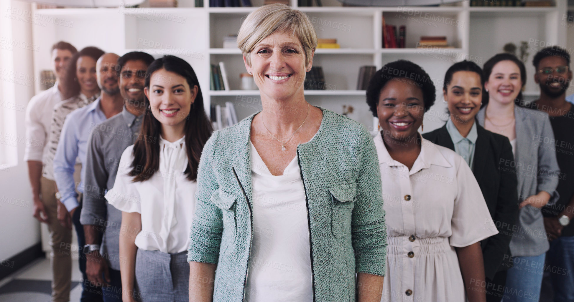 Buy stock photo Diversity, people and smile in row at office for collaboration, teamwork and team building as copywriter. Portrait, happy and boss with employees at work as leader or ceo of company and confident