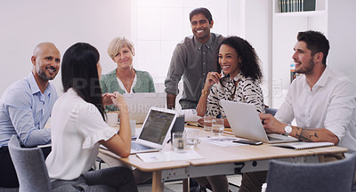 Buy stock photo Business people, group and team in a meeting, planning and conversation for a project, brainstorming and collaboration. Staff, coworkers and men with women, laptop and documents for profit growth