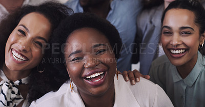 Buy stock photo Diversity, women and smile as employee at office for collaboration, teamwork and team building as copywriter. Portrait, happy and above with confidence for career or job opportunities and growth