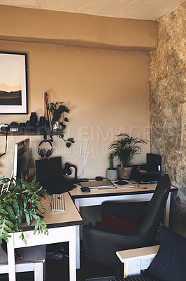 Buy stock photo Still life shot of a workstation in a rustic apartment