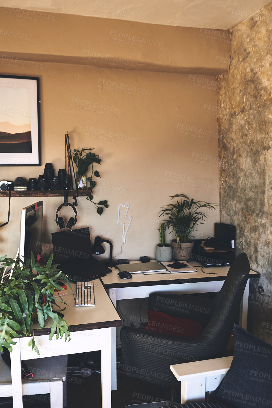 Buy stock photo Still life shot of a workstation in a rustic apartment