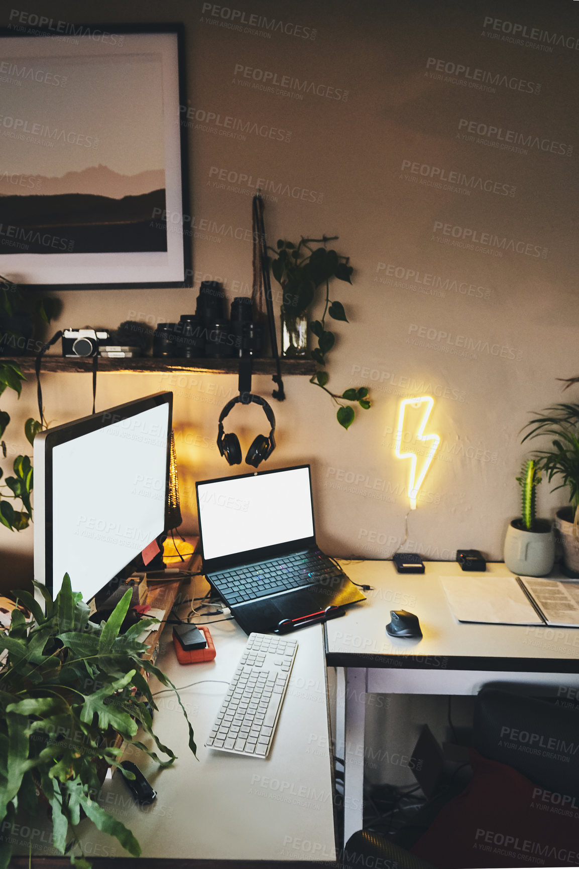 Buy stock photo Still life shot of a workstation in a rustic apartment