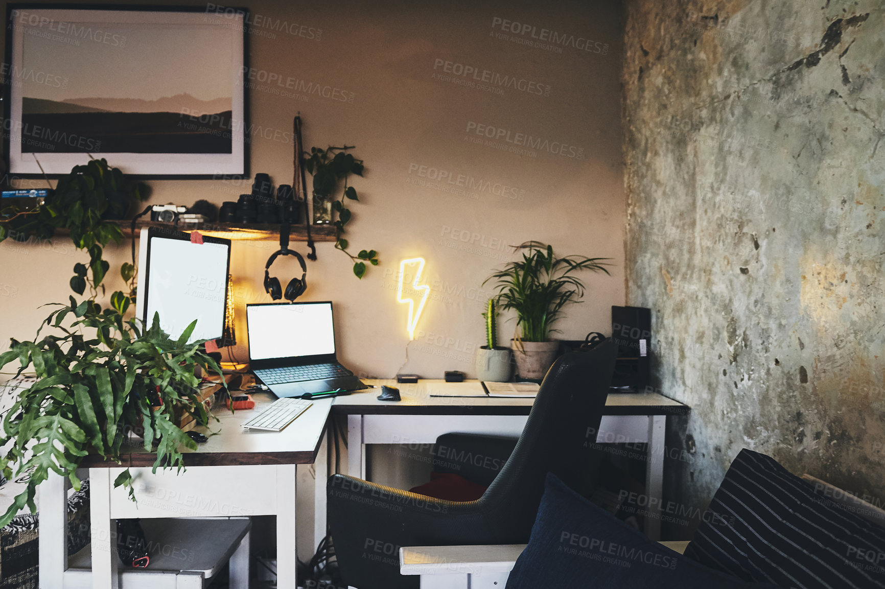 Buy stock photo Still life shot of a workstation in a rustic apartment