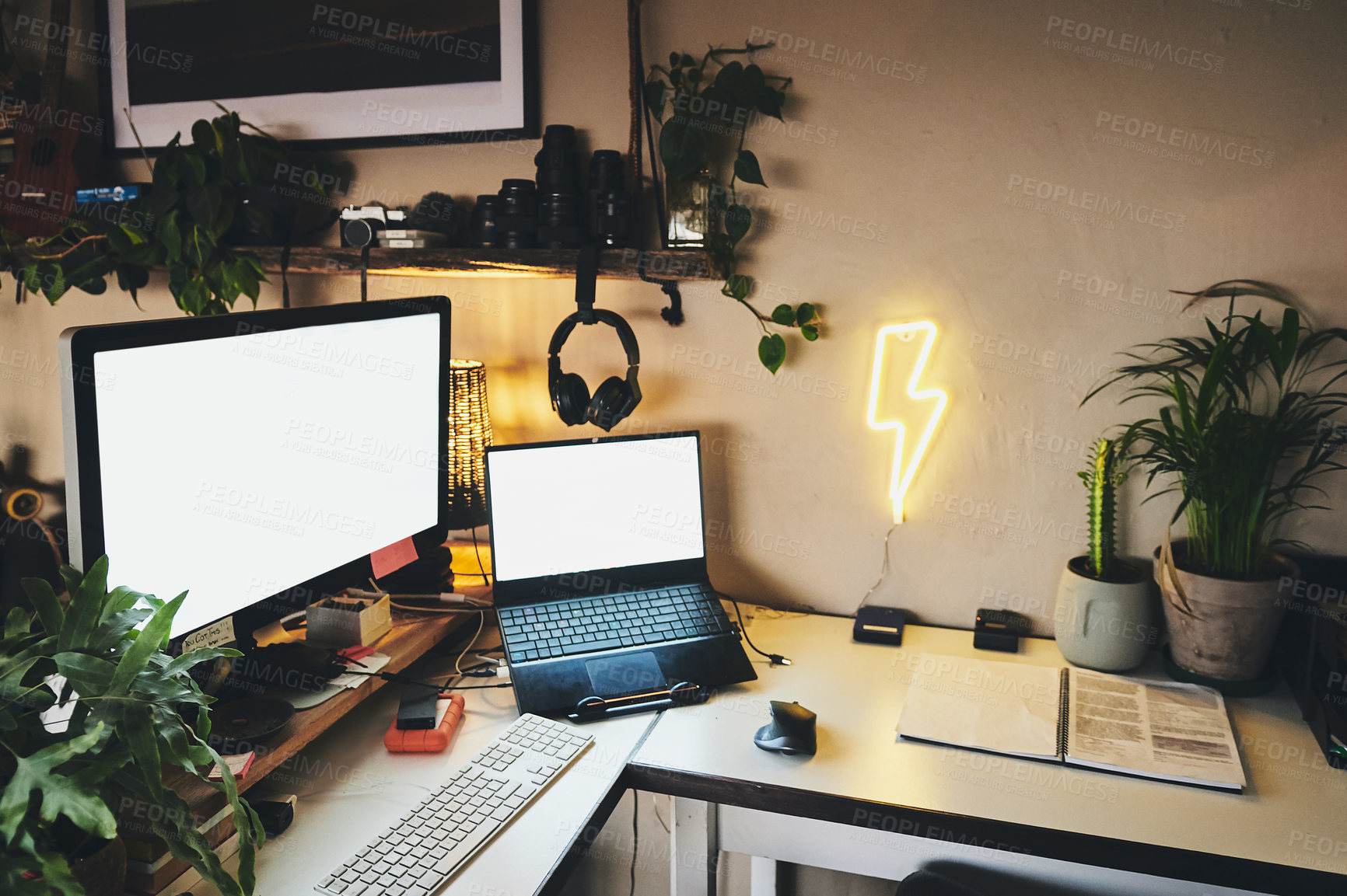 Buy stock photo Still life shot of a workstation in a rustic apartment