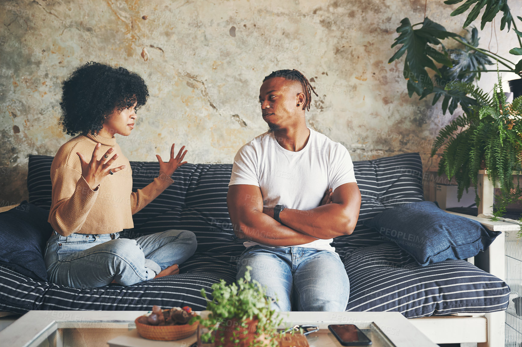 Buy stock photo Couple, fight and argument in home for marriage fail, divorce conversation and crisis with toxic relationship. African man, woman and conflict for breakup, cheating mistake and infidelity in lounge