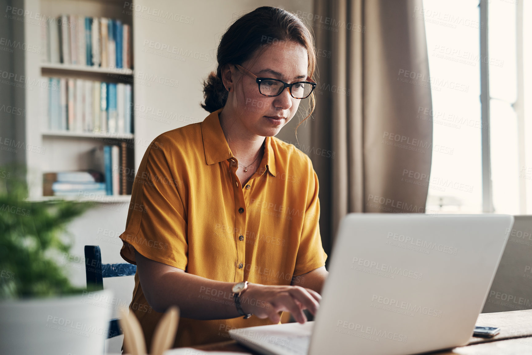 Buy stock photo Woman, laptop and remote work for journalism in home, online and research for writing article. Female person, check report and editing language on transcription, typing and upload journal on website