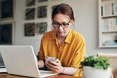 Buy stock photo Phone, business and search with woman in home office for networking, social media and remote worker. Communication, contact and internet with female freelancer for technology, blog and email planning