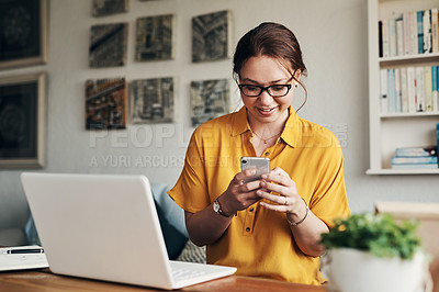 Buy stock photo Phone, laptop and smile with woman in home office for networking, social media and remote worker. Communication, contact and internet with female freelancer for technology, blog and email planning