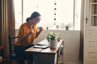 Buy stock photo Woman, laptop and celebration with success for writing, blog or article in home office. Journalist, excited and tech for remote work, planning or research for copywriting or freelance career in house