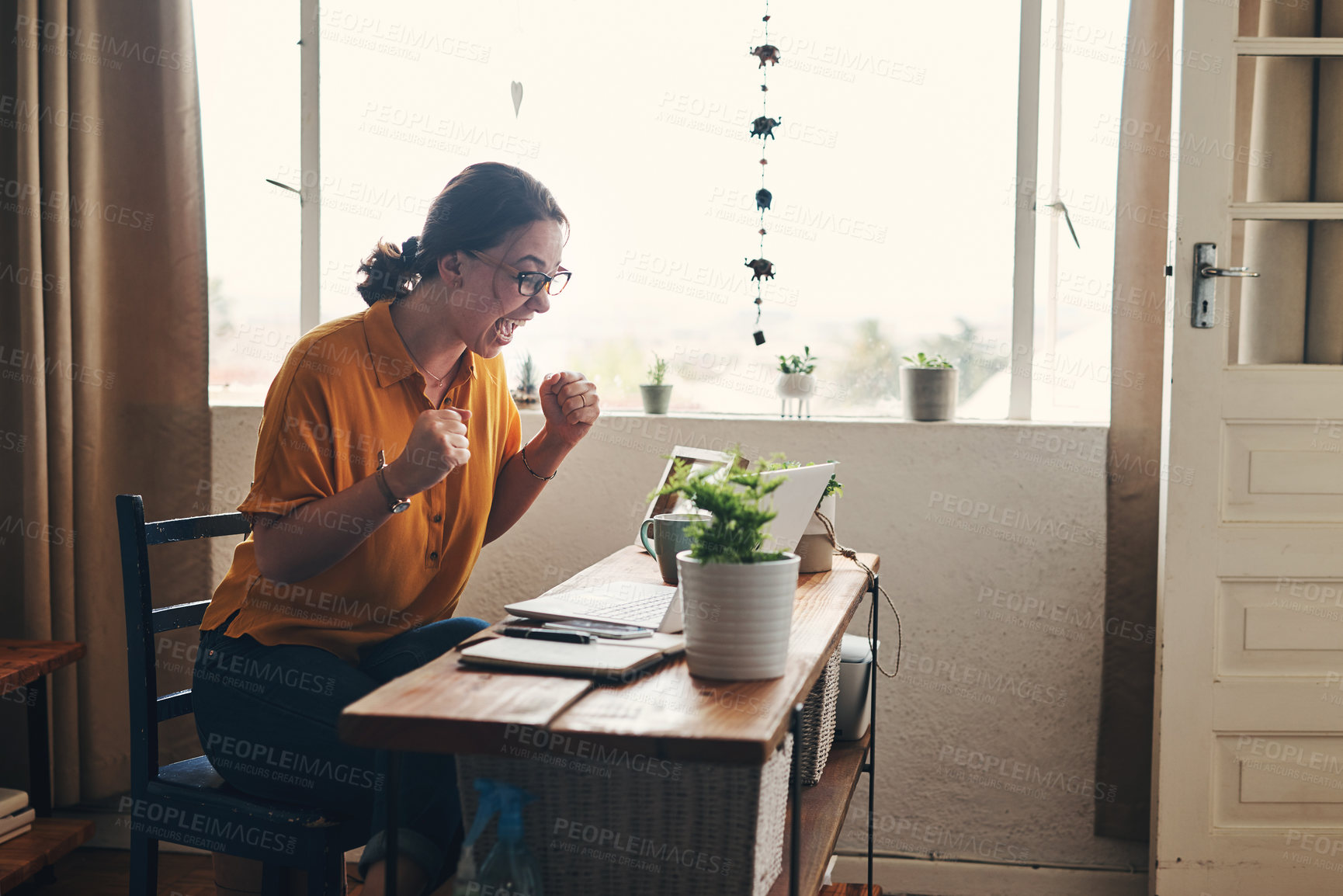 Buy stock photo Woman, laptop and celebration with success for writing, blog or article in home office. Journalist, excited and tech for remote work, planning or research for copywriting or freelance career in house