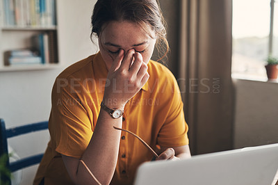 Buy stock photo Woman, laptop and headache with eye strain for writing, blog or article in home office. Journalist, stress and anxiety for remote work, planning or research for copywriting freelance career in house