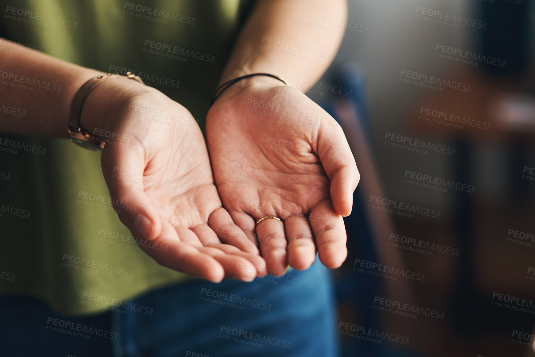 Buy stock photo Charity, hands of woman and palms open for support, giving and hope for growth. Entrepreneur, poverty or gesture for funding with help, donation or cupping for thank you, aid or small business grant