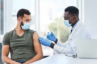 Buy stock photo Covid, vaccine and man doctor with syringe in healthcare consultation for safety or prevention. Corona, vaccination and arm injection for guy person by physician in face mask for hospital compliance