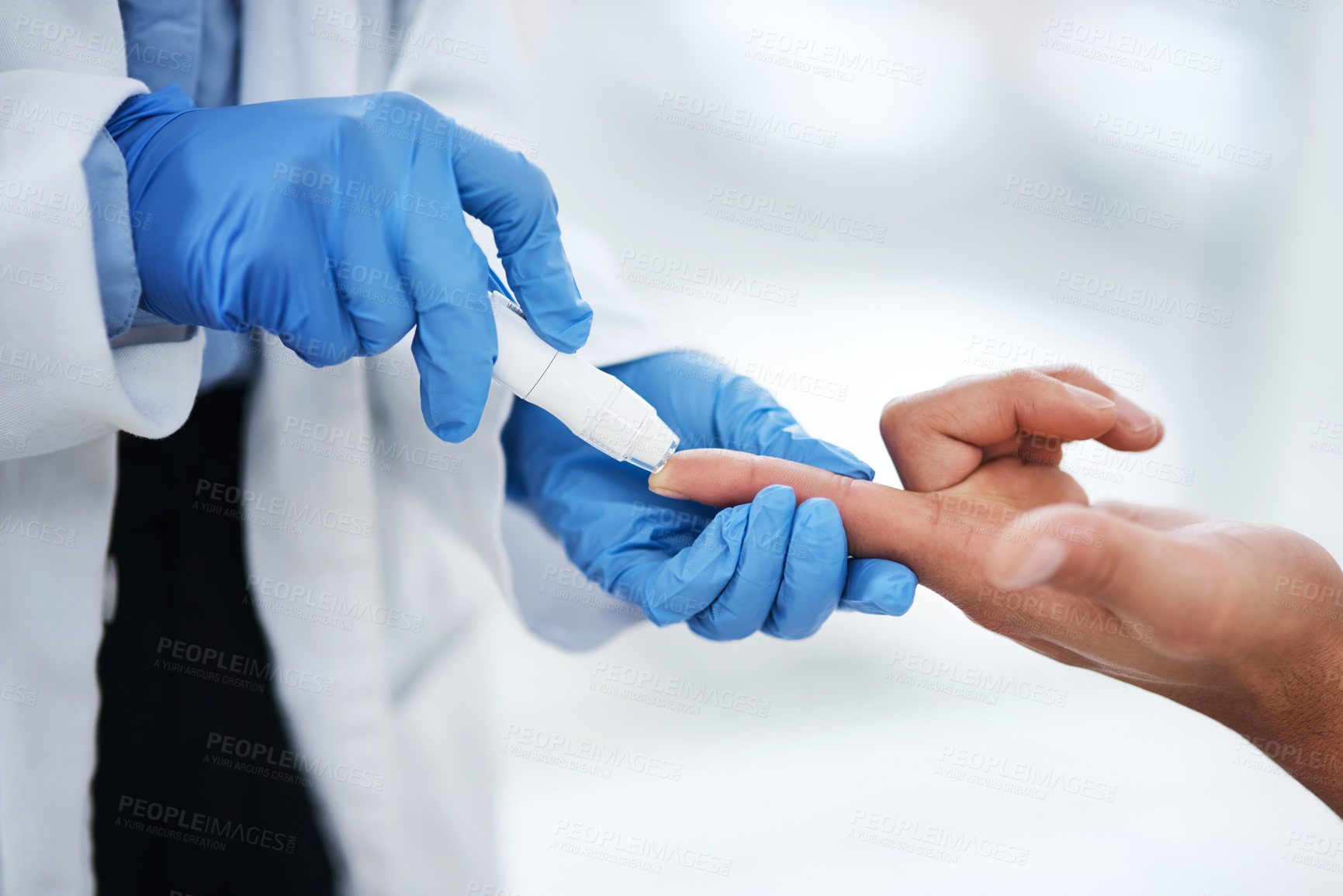 Buy stock photo Hands, doctor and patient with test for blood sugar, diabetes and consultation for health at clinic. Healthcare, exam and medical professional with finger of person checking glucose level at hospital