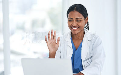 Buy stock photo Hand, hello and woman doctor on laptop video call for online consulting, help and advice in a hospital. Telehealth, hi and female healthcare expert on virtual consult or medical conference on space