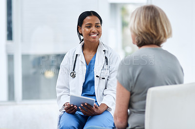 Buy stock photo Women, patient and doctor with a tablet, consultation and conversation for diagnosis, cure and treatment. Medical professional, employee and female person in a hospital, technology and discussion