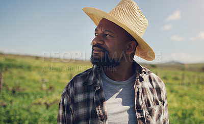 Buy stock photo Black man, farmer and thinking with hat on grass field for agriculture, sustainability or natural growth in countryside. African male person in wonder or thought for eco friendly environment on farm