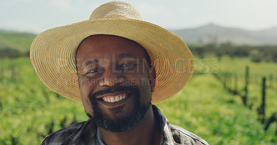 Buy stock photo Farmer, portrait or mature black man with confidence in agriculture farming, grass field or garden. Smile, land or business owner in nature for crops, sustainability or food production in countryside