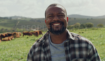 Buy stock photo Portrait of a mature man working on a farm with cattle in the background