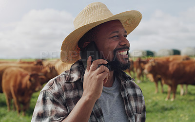 Buy stock photo Black man, farmer and phone call with cows for conversation, agriculture or communication in countryside. Happy African or male person talking on mobile smartphone with livestock or cattle on farm