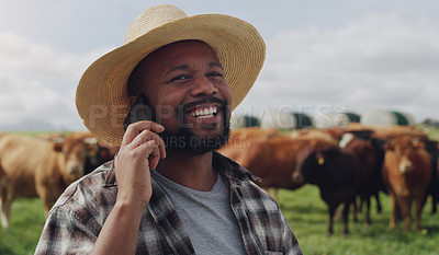 Buy stock photo Black man, farmer and phone call with cows for discussion, agriculture or communication in countryside. Happy African or male person talking on mobile smartphone with livestock or cattle on farm