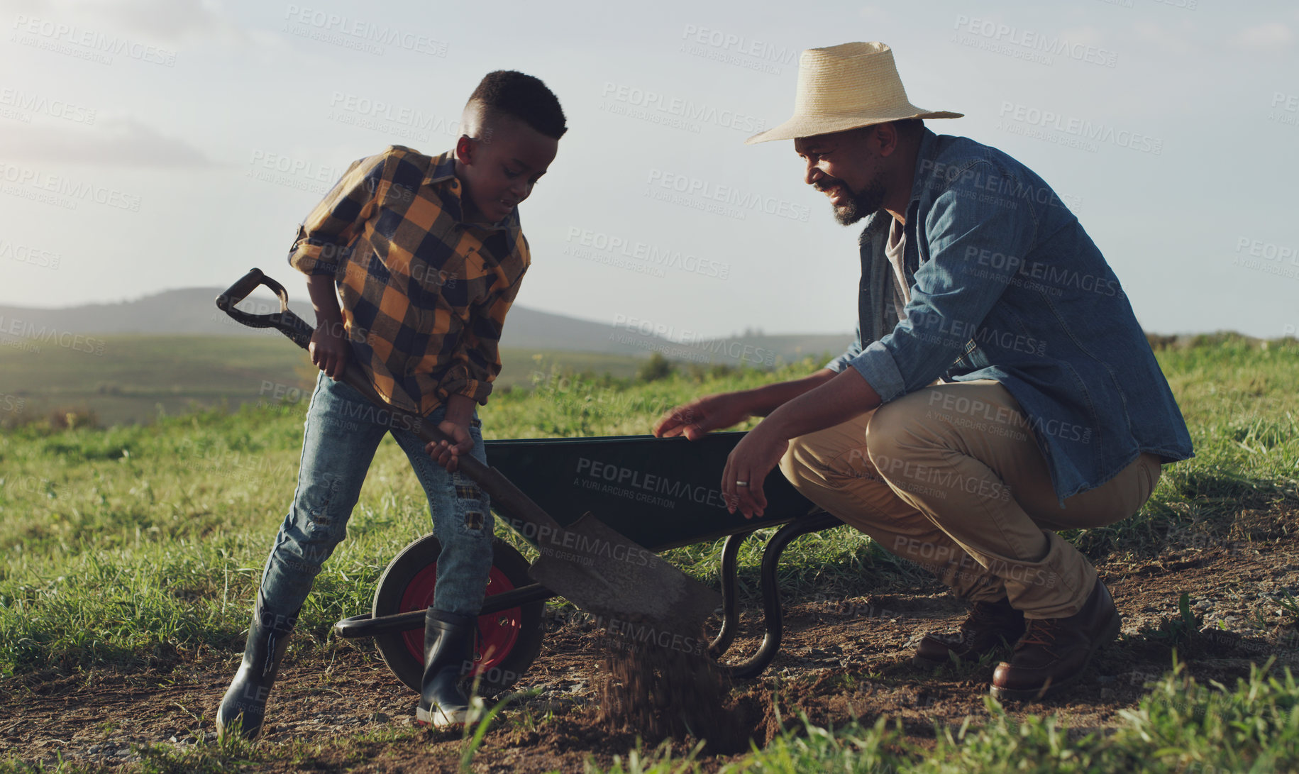 Buy stock photo Farm, agriculture and father and child help for farming, planting vegetables and dig in soil. Black family, nature and dad with young boy for sustainability, growth and agribusiness in countryside