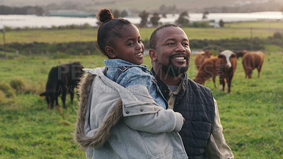 Buy stock photo Happy, farming and father and child on a farm for sustainability, cattle and agriculture. Smile, African and a girl kisd learning about animals in the countryside for sustainable business and freedom