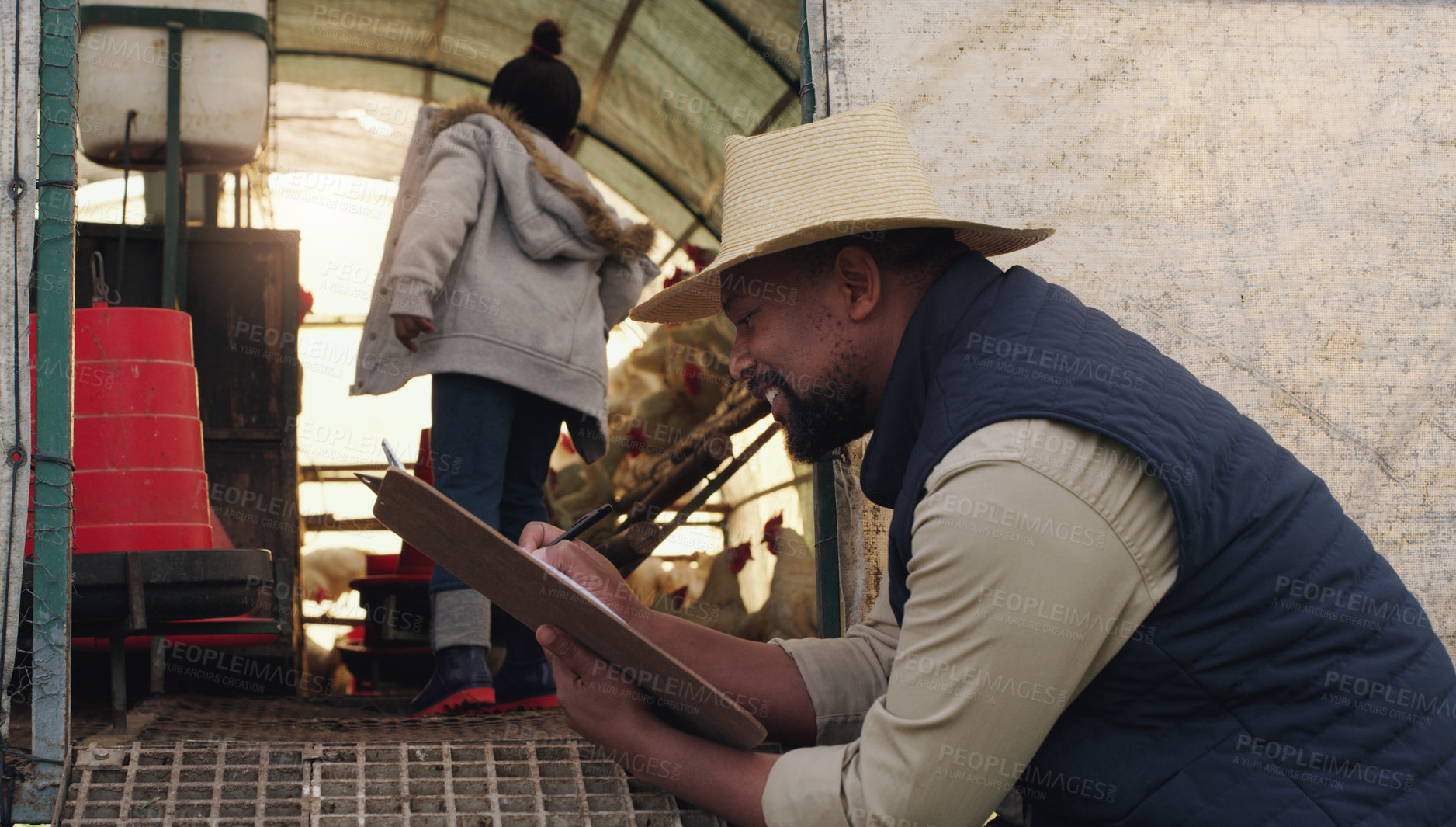 Buy stock photo Black man, farmer and writing with clipboard for cattle, inspection or counting chickens in barn. African male person taking notes with livestock or animals for agriculture or production on farm