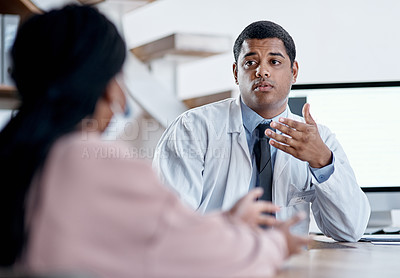 Buy stock photo Doctor talking to patient in medical consultation, checkup and consult in clinic, hospital and healthcare center. Professional, gp and specialist worker explaining symptoms and side effects to woman