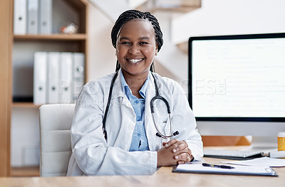 Buy stock photo Portrait of a young doctor working in her office