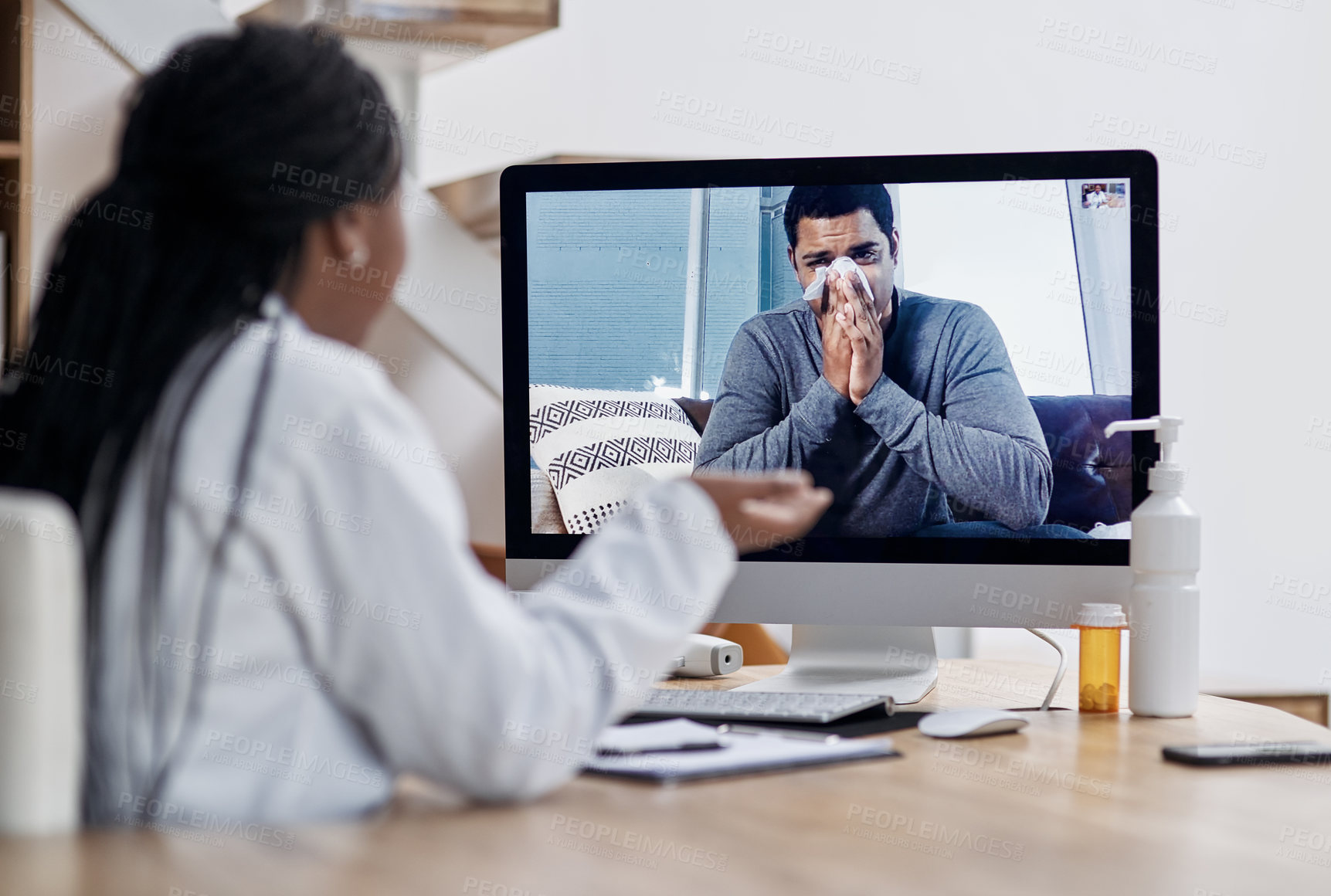 Buy stock photo Doctor, patient and video call on computer in office for advice, diagnosis and medicine prescription. People, webinar and blowing nose with medical service, healthcare instructions and flu treatment