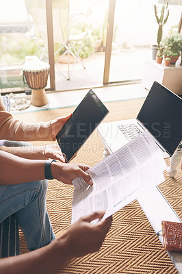 Buy stock photo Home, finance and hands of couple with tablet, rent application or paperwork for online tax report. Research, man and woman on couch with documents, mortgage contract or digital app for budget plan