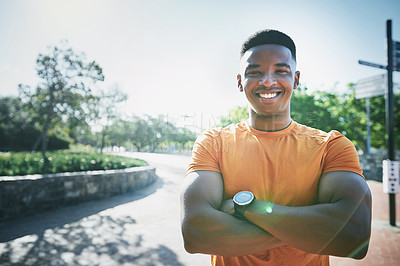 Buy stock photo Fitness, arms crossed and runner with portrait of black man in city for health, workout and training practice. Sports athlete, wellness and smile with person outdoors for exercise, urban and cardio